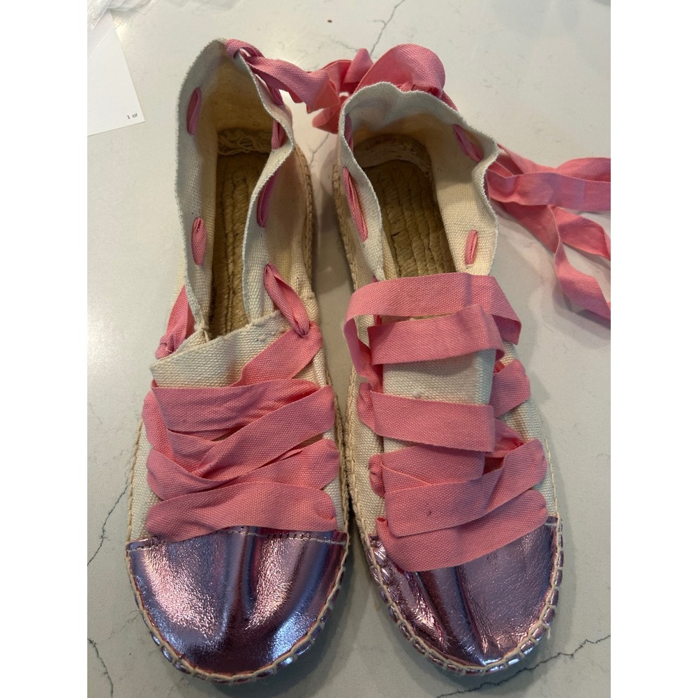 Cousu Main‎ Espadrille Flats Pink Metallic Cap Toe Ribbon Lace Up Shoes 40